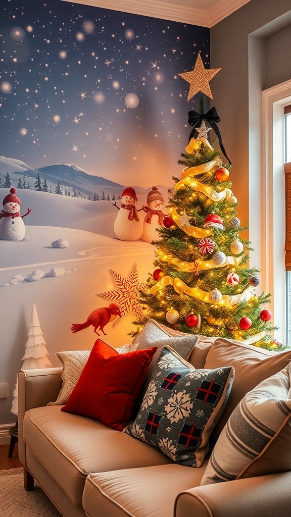 Living room with winter-themed Christmas wallpaper featuring snowmen and snowy landscapes, decorated for the holidays.